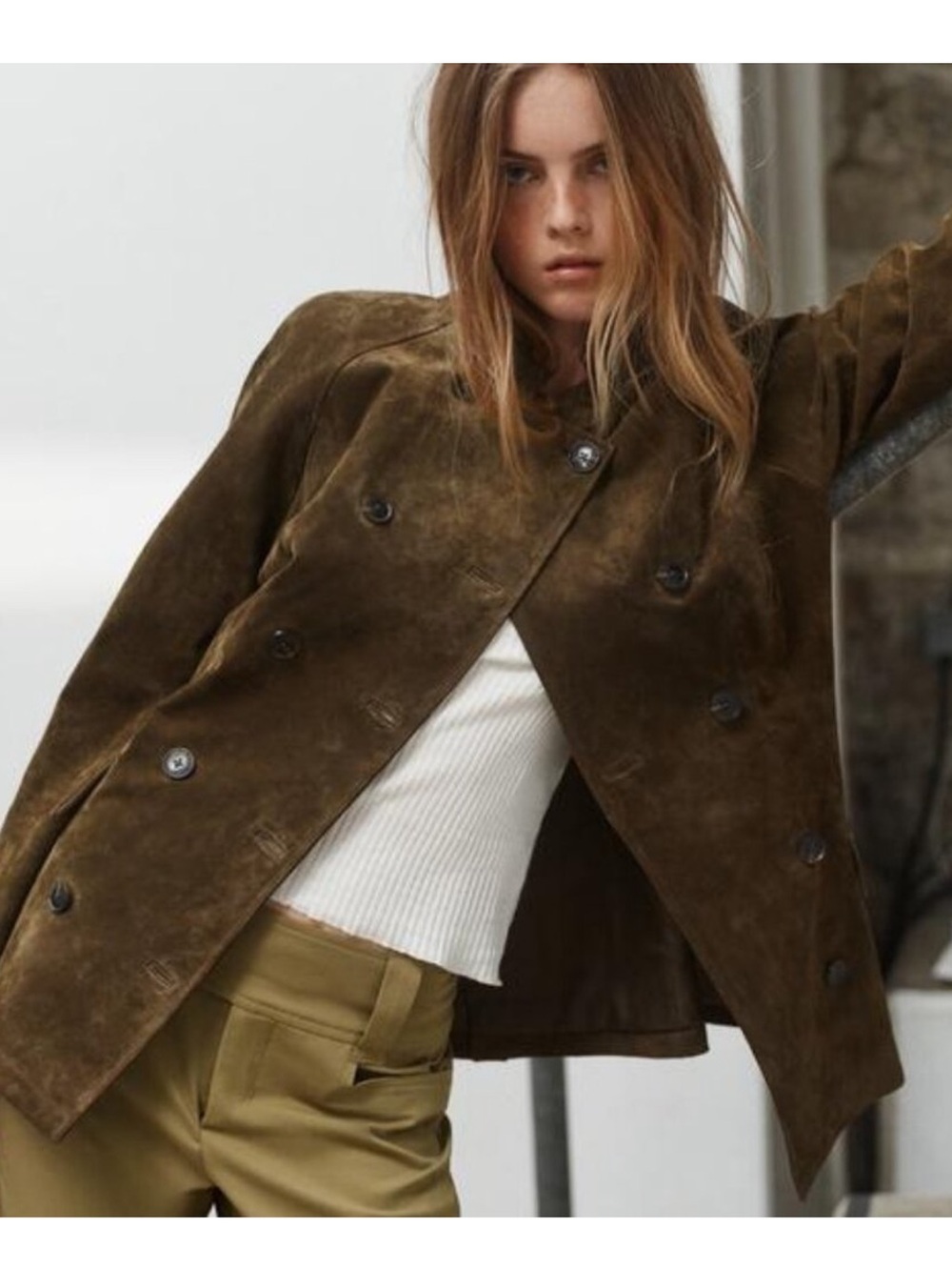ZARA Olive Suede Double-Breasted Leather Jacket